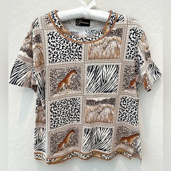 Carina Tops - Vintage Carina Safari Animal Print Top Leopard Patchwork Short Sleeve Eclectic